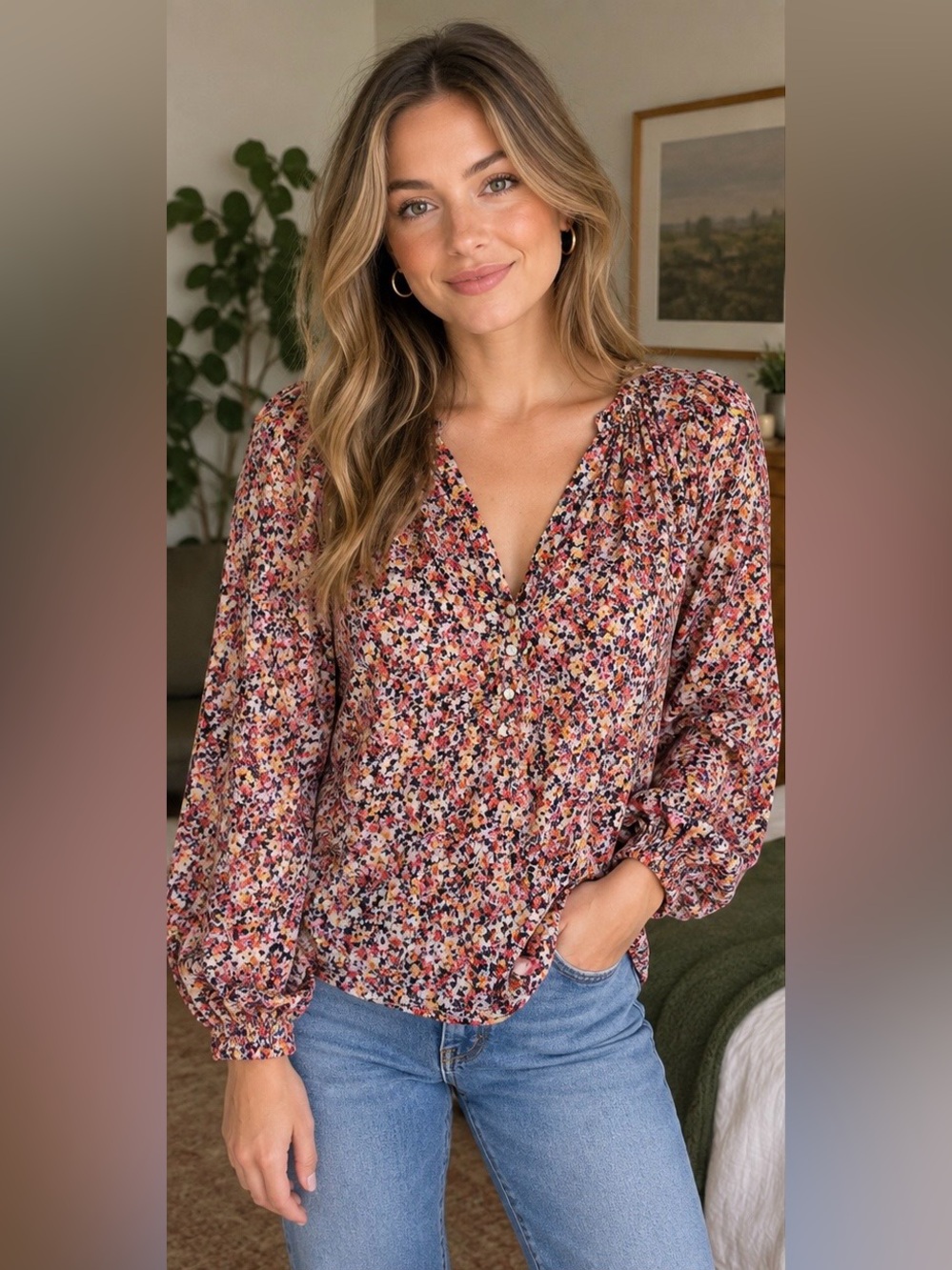 OLD NAVY Floral V-Neck Puff Sleeve Blouse With Buttons